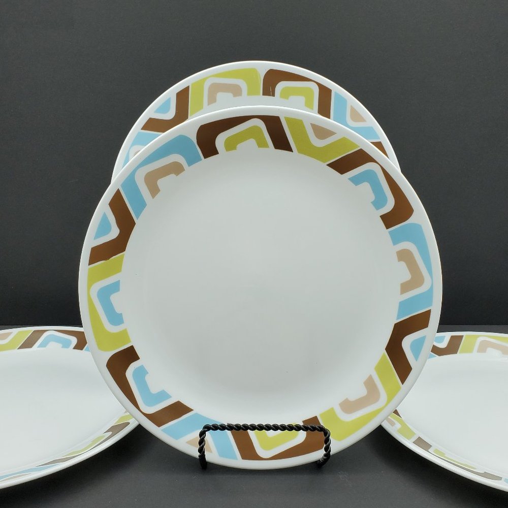 Corelle Squared Dinner Plates Brown Blue Green Squares Geometric Design